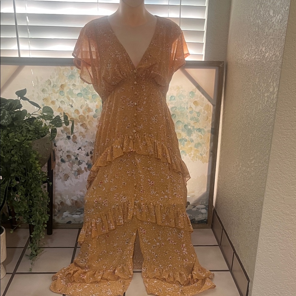 Bohemian Style Mustard Floral Ruffle Maxi Dress. Size Small.